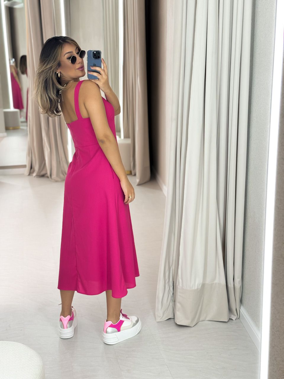VESTIDO LINHO MIDI MEIA TAÇA ROSA