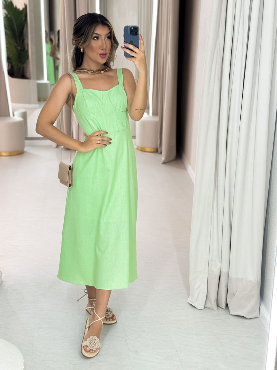 VESTIDO LINHO MIDI MEIA TAÇA VERDE