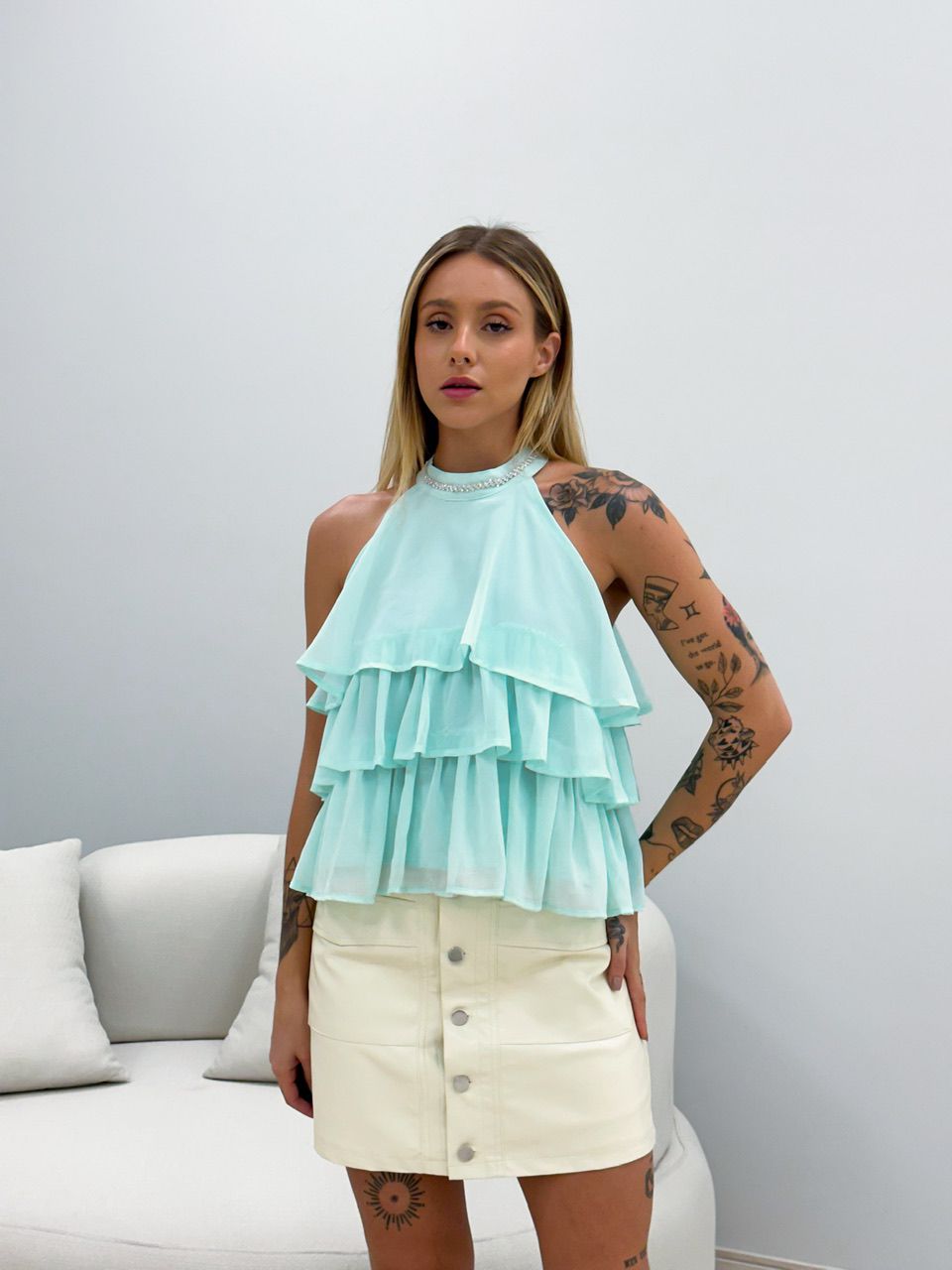 BLUSA AMÉLIA BABADOS VERDE ÁGUA