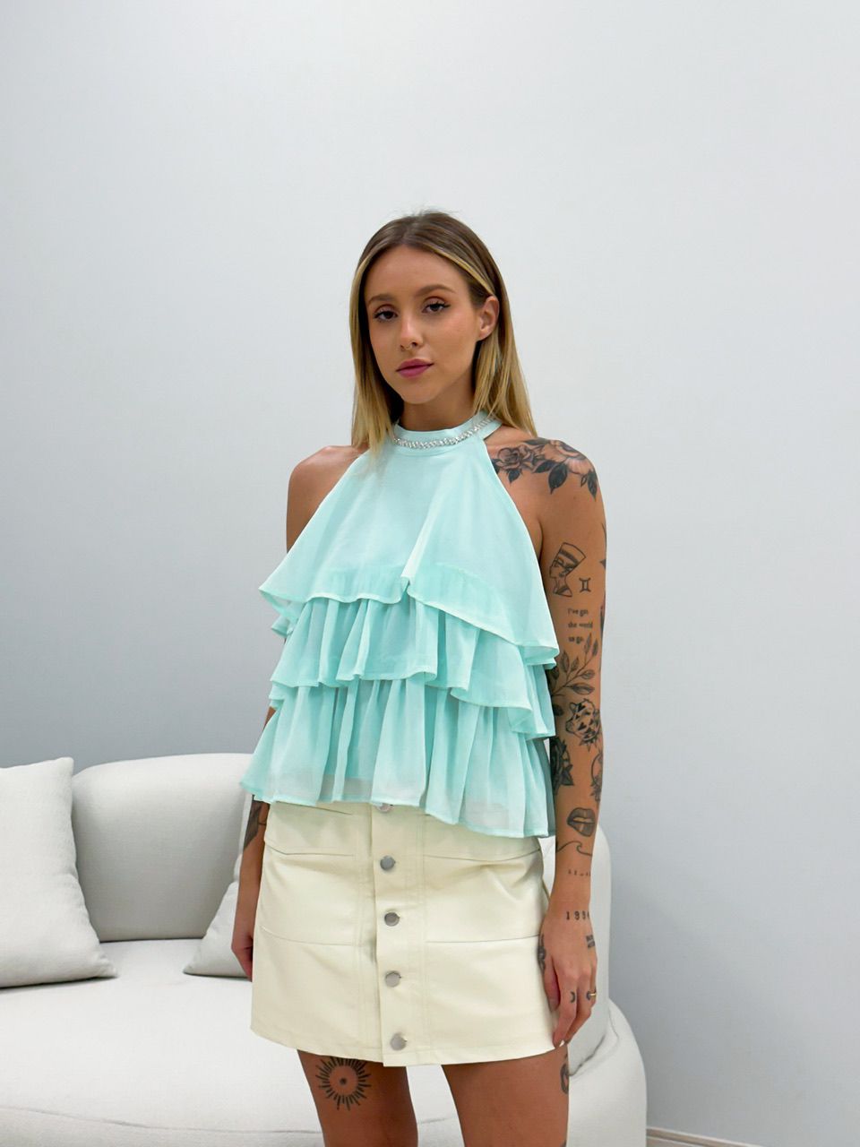 BLUSA AMÉLIA BABADOS VERDE ÁGUA - 0048670121 - CAROLLA FERRARO
