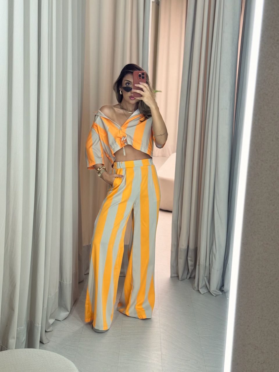 CALÇA MEG LISTRADA LARANJA - 0052110068 - CAROLLA FERRARO