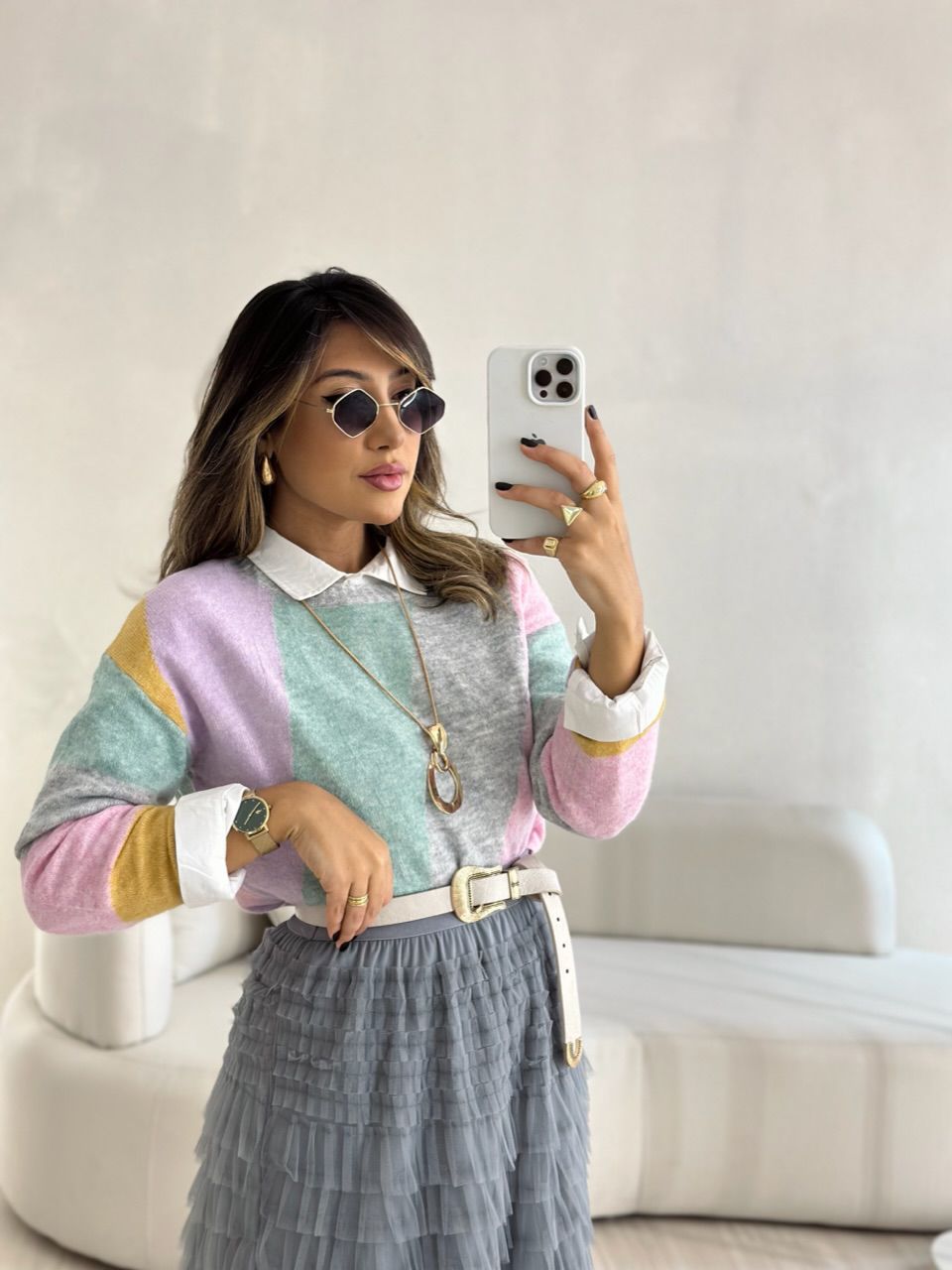 TRICOT LEVE LISTRAS CINZA - 0053080091 - CAROLLA FERRARO