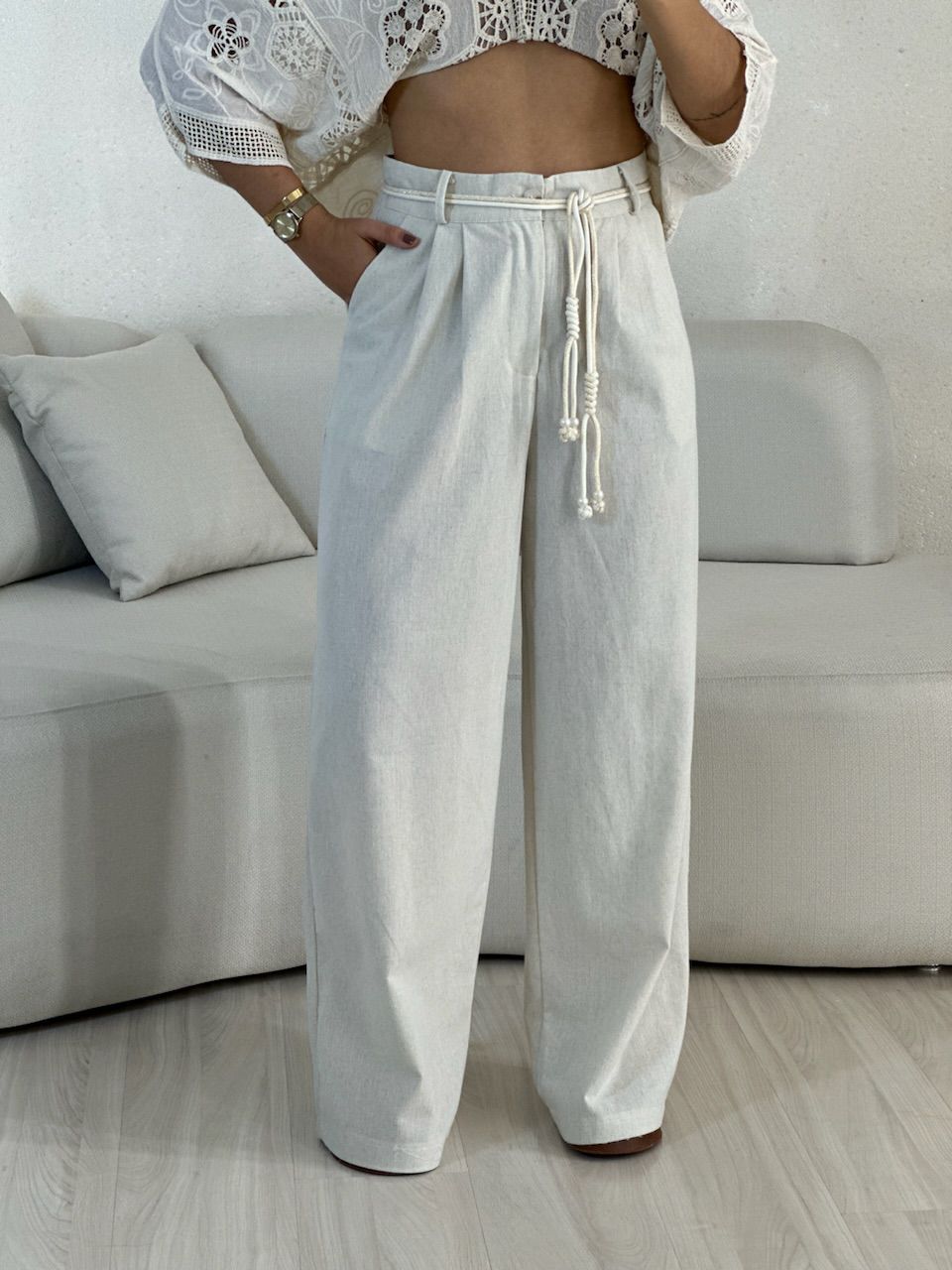 CALÇA ELOÁ LINHO CRU - 0055390132 - CAROLLA FERRARO
