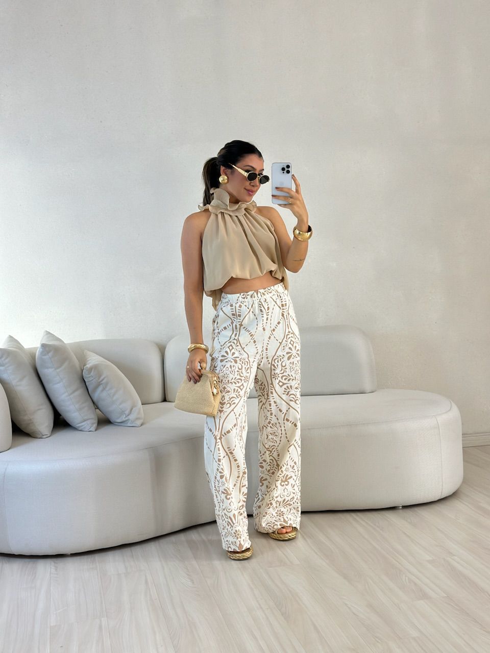  CALÇA PALOMA LINHO ESTAMPADA NUDE