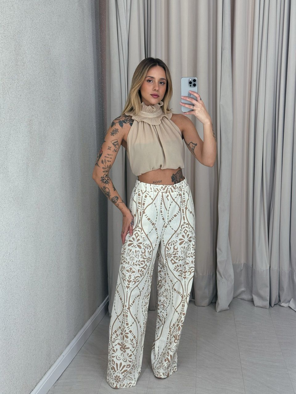  CALÇA PALOMA LINHO ESTAMPADA NUDE - 0057350049 - CAROLLA FERRARO