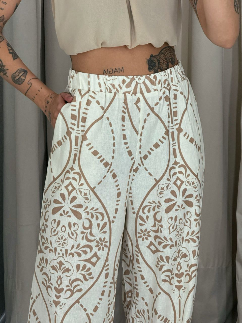  CALÇA PALOMA LINHO ESTAMPADA NUDE