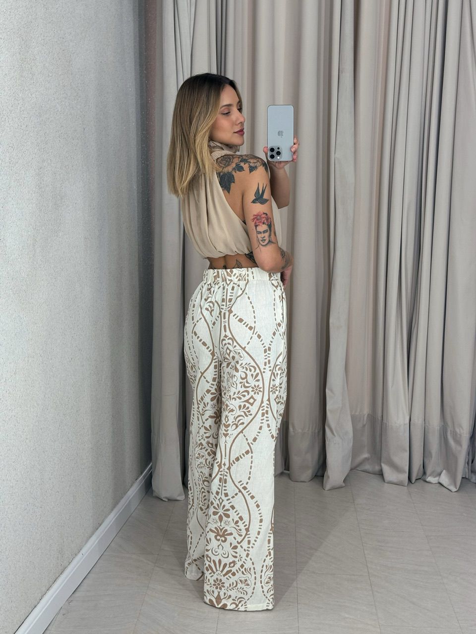  CALÇA PALOMA LINHO ESTAMPADA NUDE