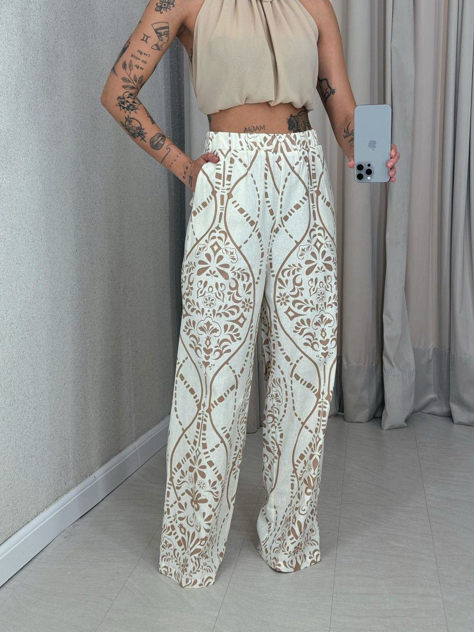  CALÇA PALOMA LINHO ESTAMPADA NUDE