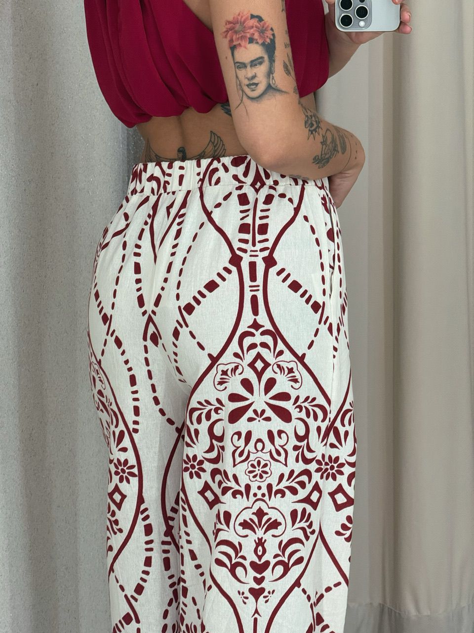 CALÇA PALOMA LINHO ESTAMPADA VERMELHA
