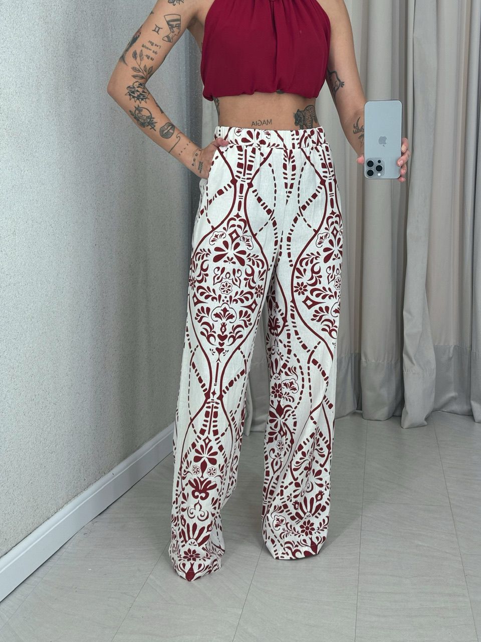  CALÇA PALOMA LINHO ESTAMPADA VERMELHA