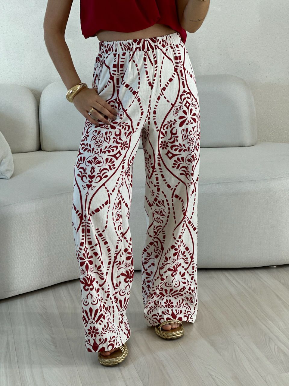  CALÇA PALOMA LINHO ESTAMPADA VERMELHA