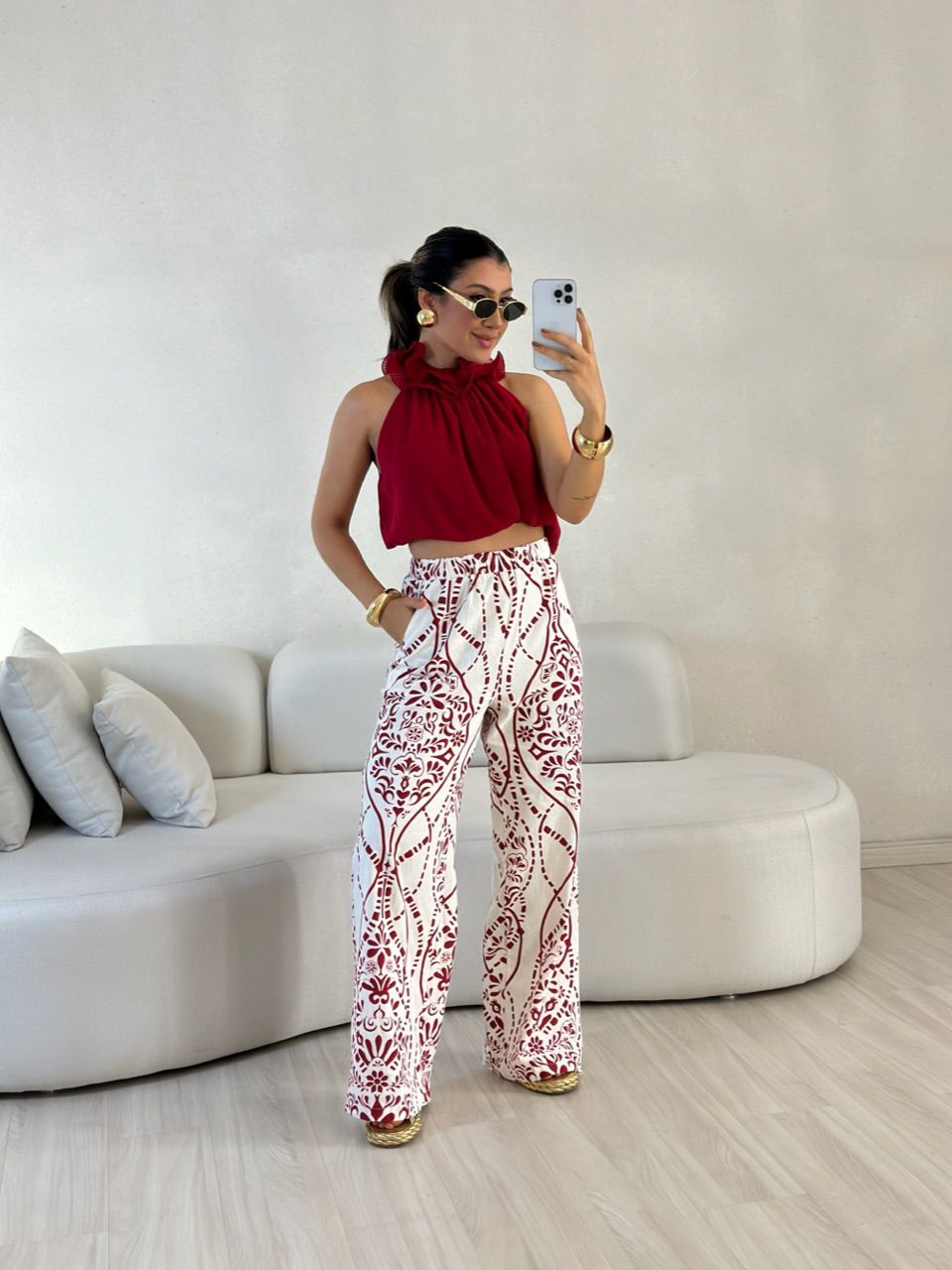  CALÇA PALOMA LINHO ESTAMPADA VERMELHA