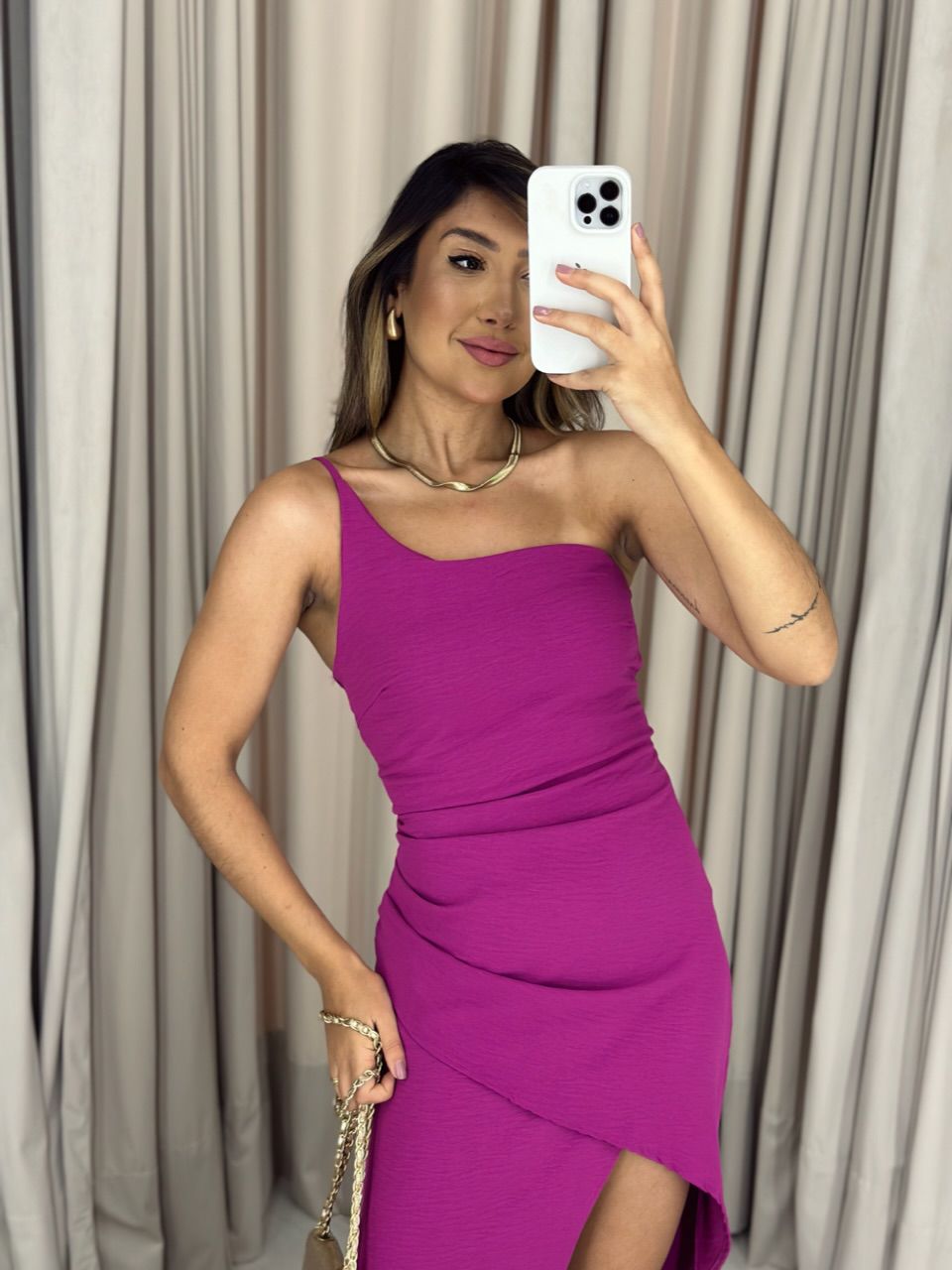 VESTIDO FENDA 02 DRAPEADO FUCSIA