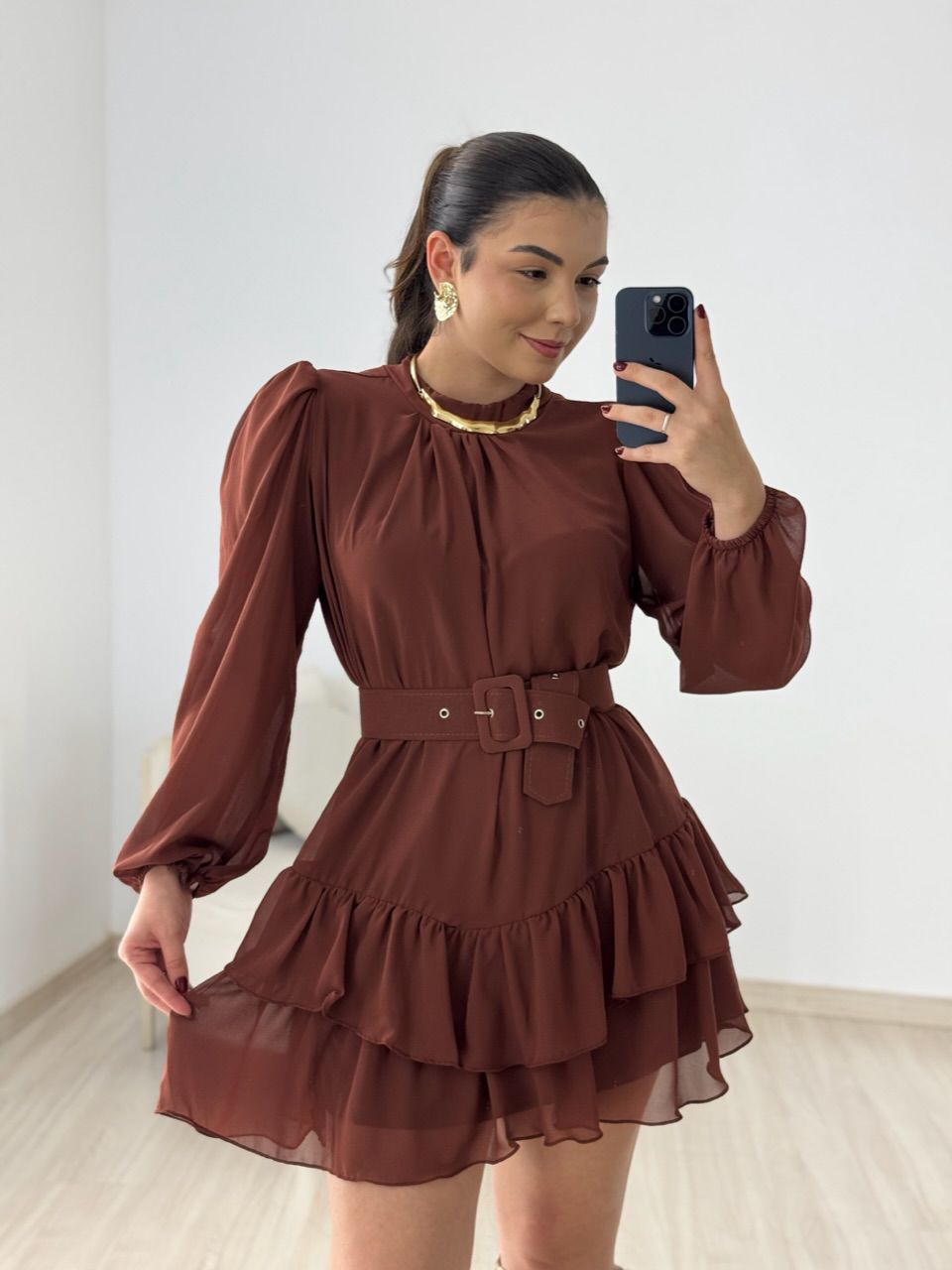 VESTIDO ROSÂNGELA CINTO MARROM
