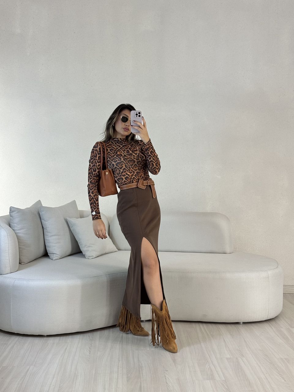 BLUSA ONÇA TULE MARROM