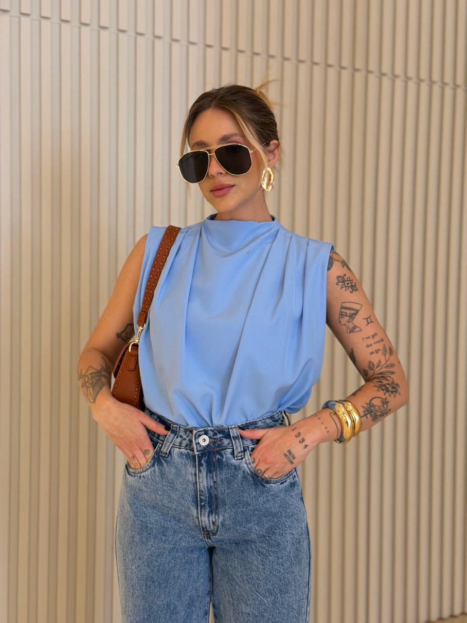 BLUSA LUARA PREGAS AZUL - 0068740109 - CAROLLA FERRARO