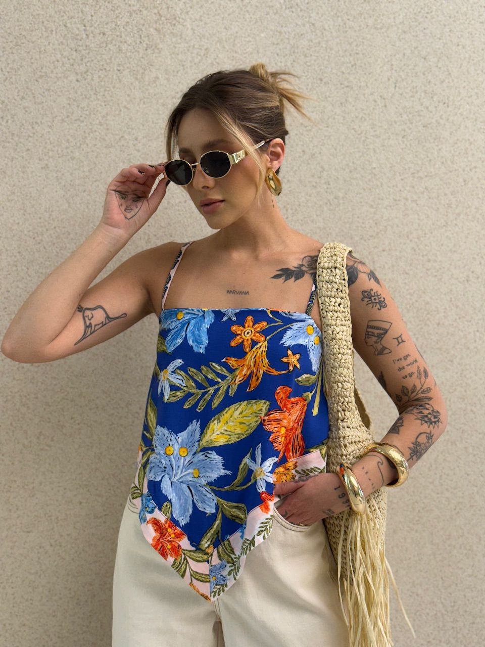 BLUSA MARINA ESTAMPADA AZUL BIC - 0069160288 - CAROLLA FERRARO