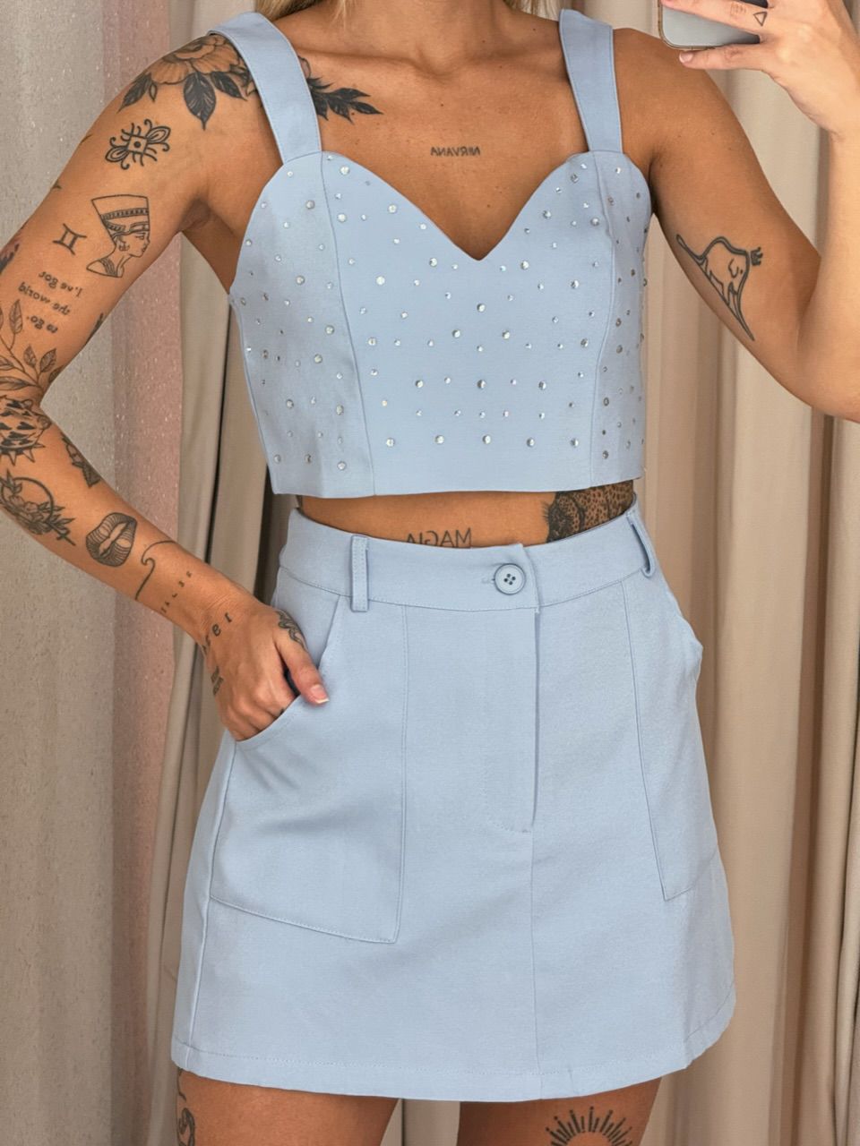 CONJUNTO SUELI TOP BRILHO BABY BLUE