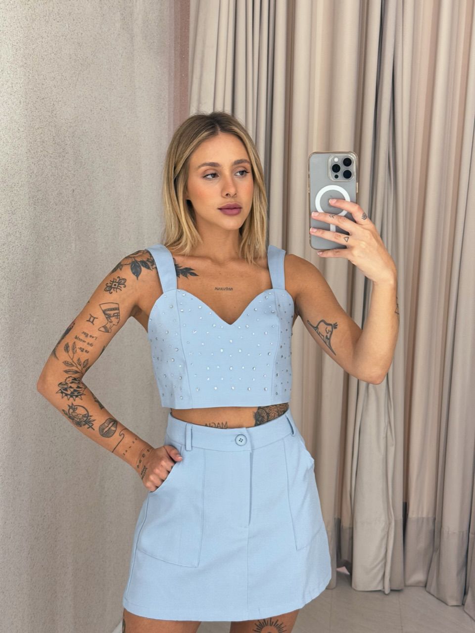 CONJUNTO SUELI TOP BRILHO BABY BLUE