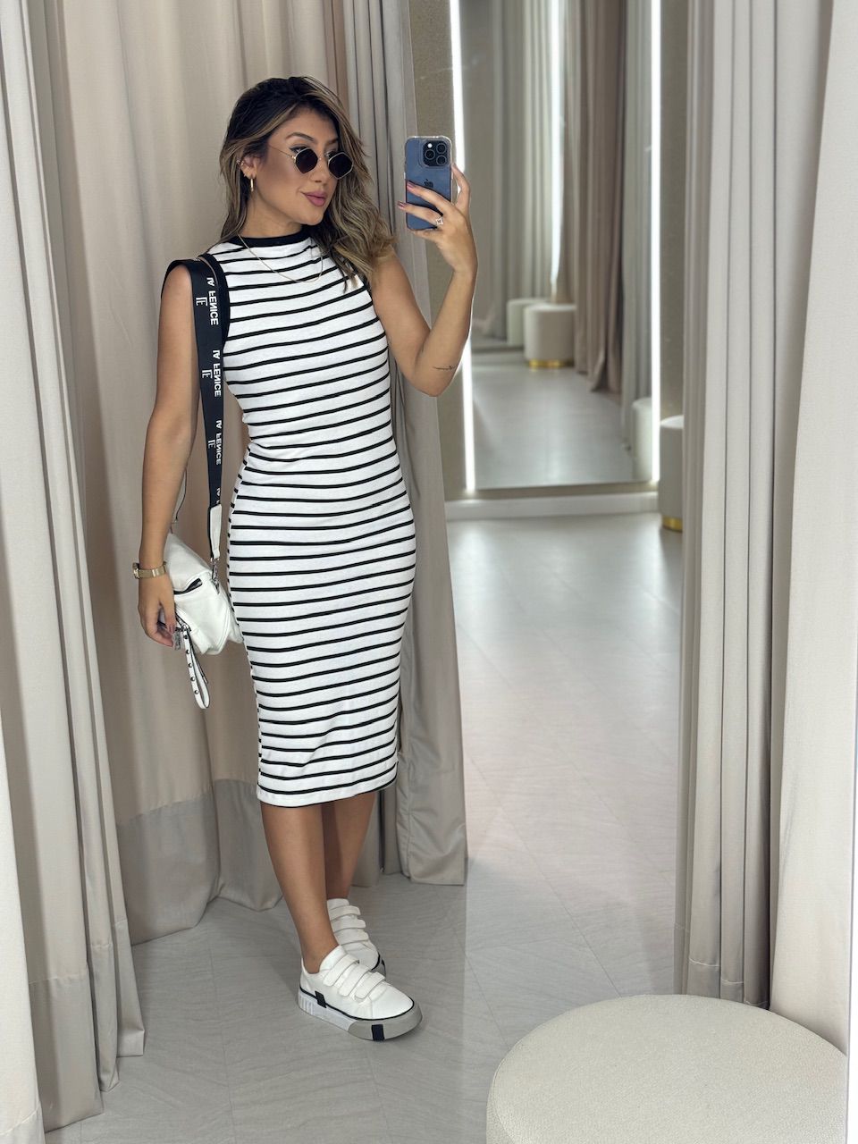 VESTIDO LAIS CANELADO BRANCO LISTRADO