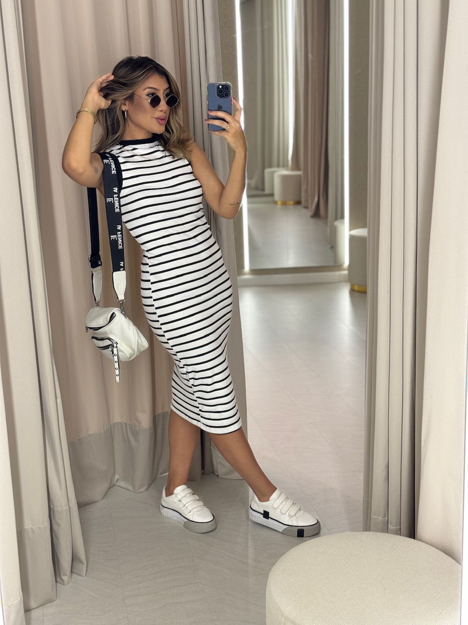 VESTIDO LAIS CANELADO BRANCO LISTRADO