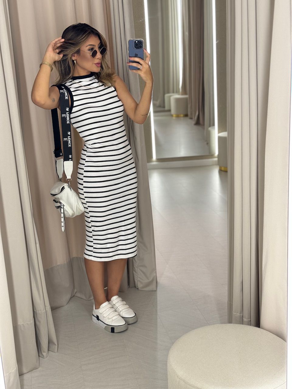 VESTIDO LAIS CANELADO BRANCO LISTRADO