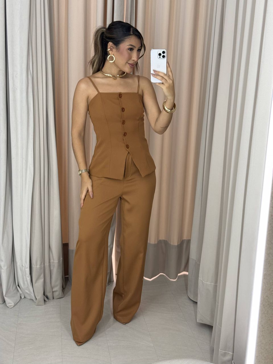 CONJUNTO MELINA BLUSA CALÇA CARAMELO