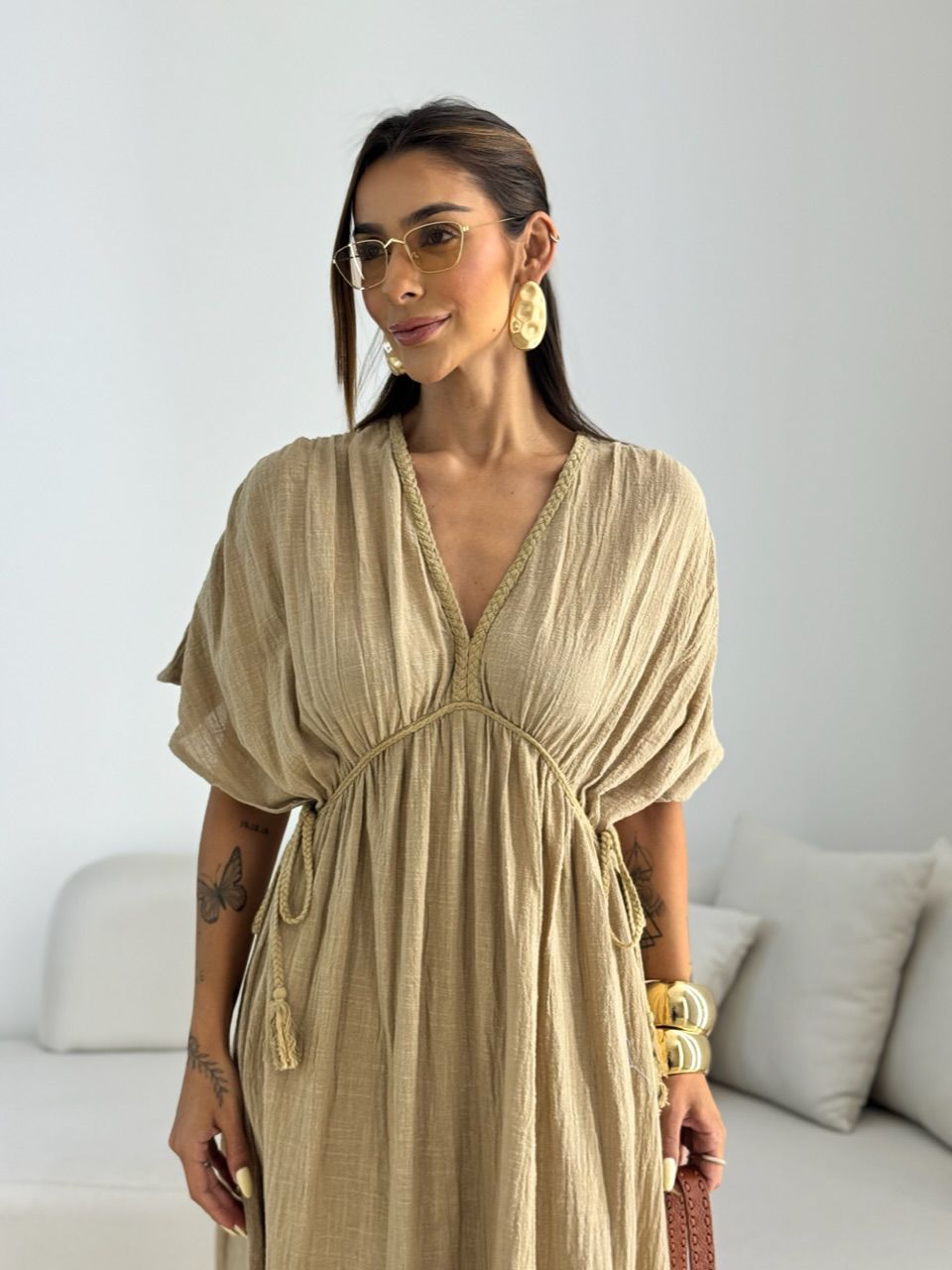 VESTIDO TINA LINHO CAQUI
