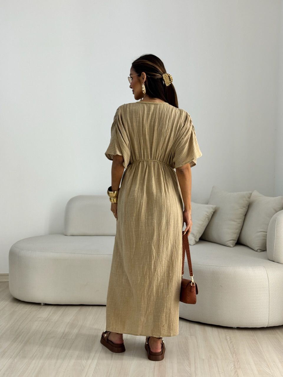 VESTIDO TINA LINHO CAQUI