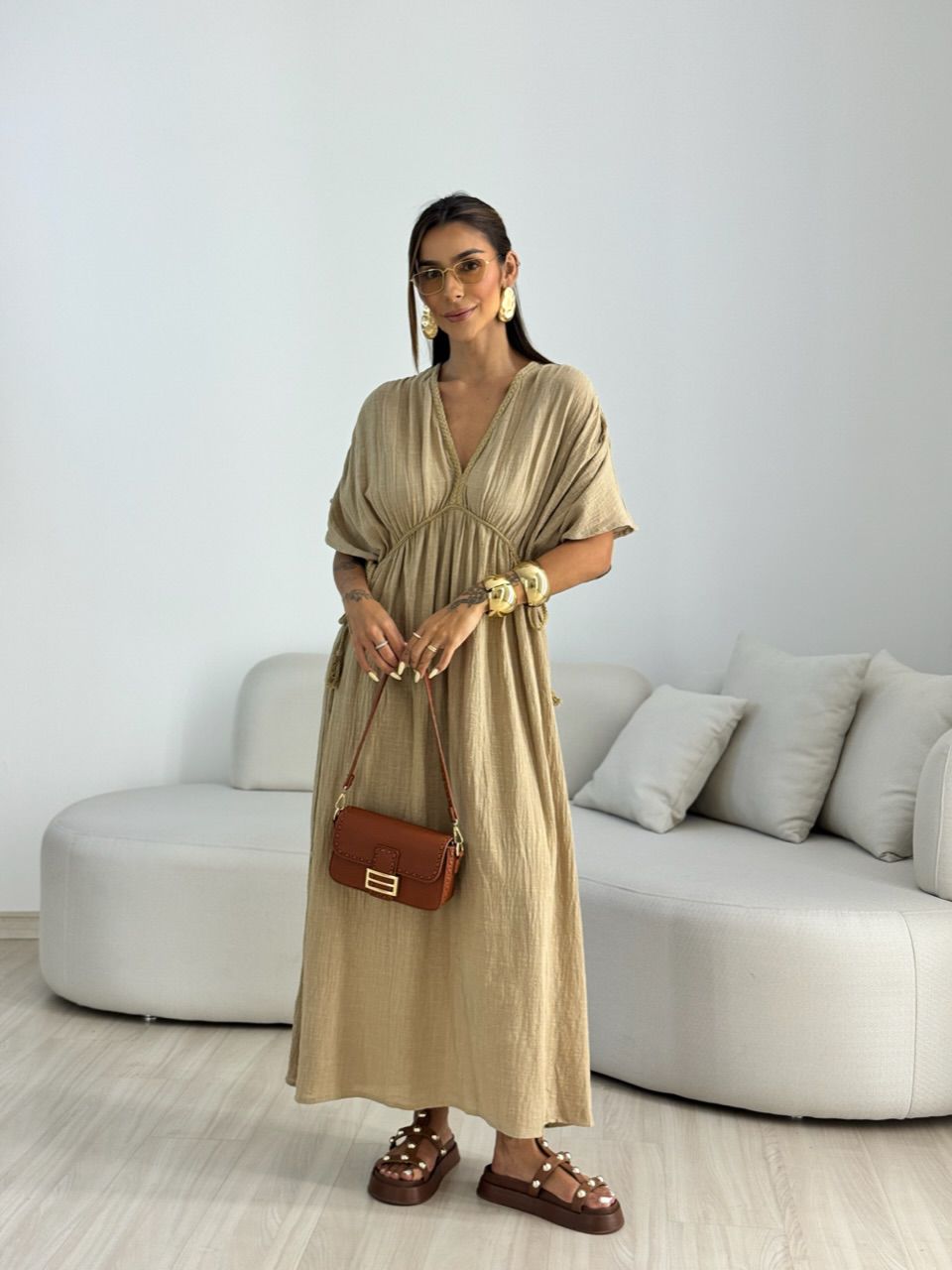 VESTIDO TINA LINHO CAQUI - 0069260096 - CAROLLA FERRARO