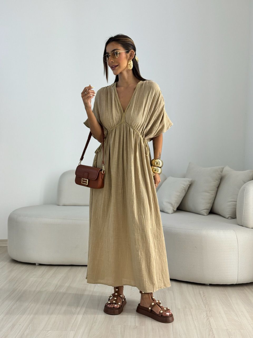 VESTIDO TINA LINHO CAQUI