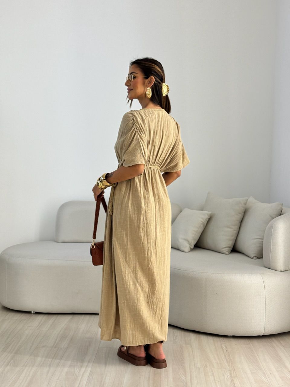 VESTIDO TINA LINHO CAQUI