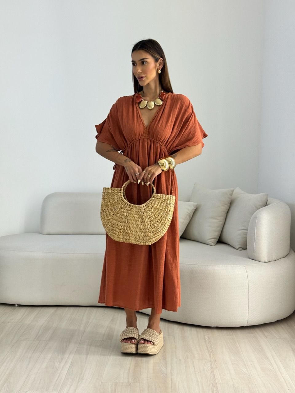 VESTIDO TINA LINHO TERRA COTA 