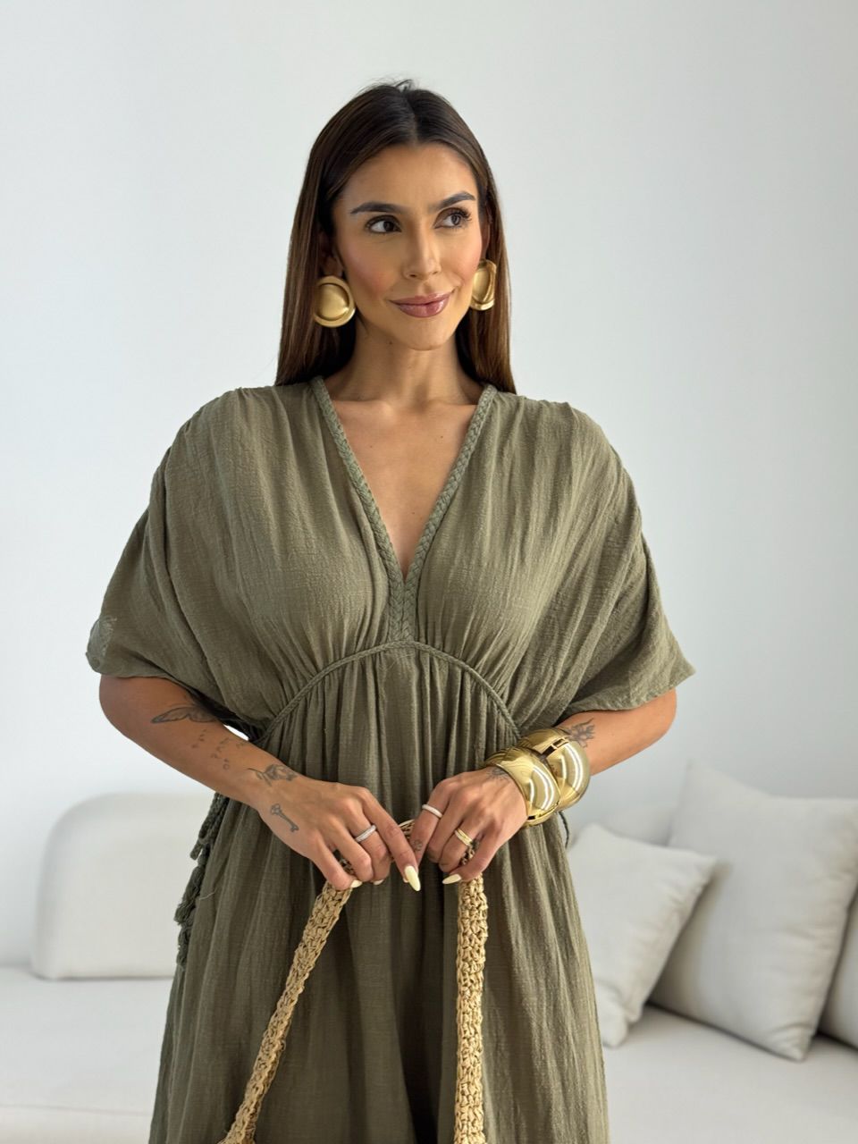 VESTIDO TINA LINHO VERDE OLIVA
