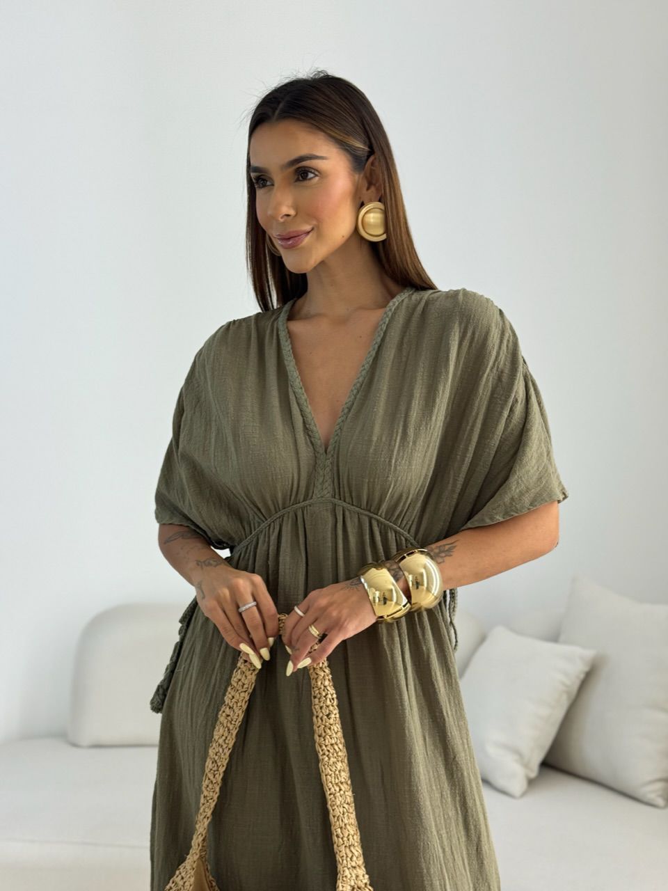 VESTIDO TINA LINHO VERDE OLIVA
