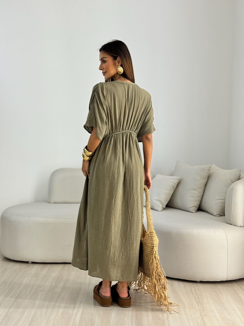 VESTIDO TINA LINHO VERDE OLIVA