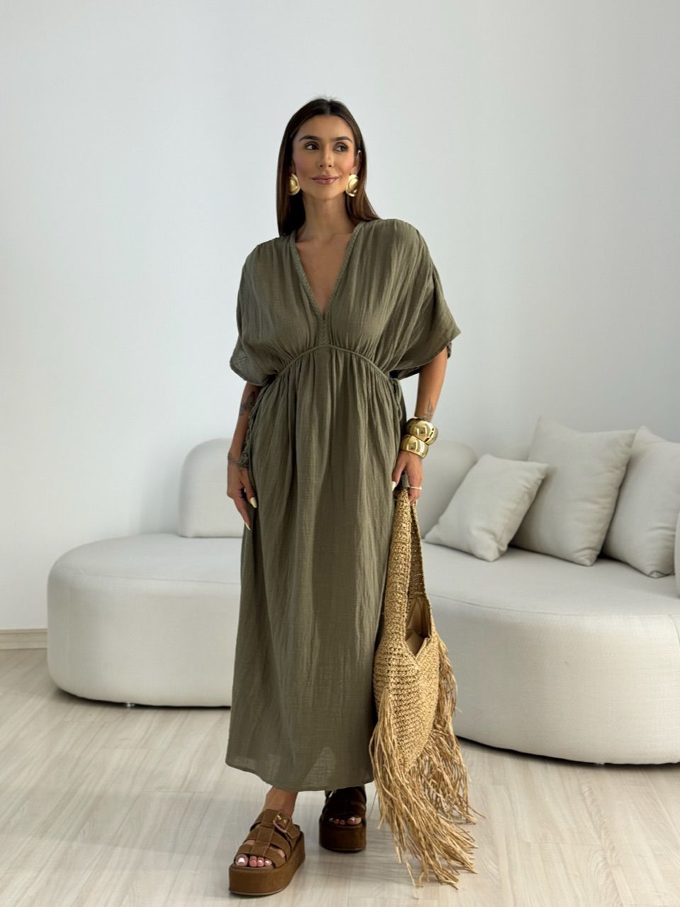 VESTIDO TINA LINHO VERDE OLIVA