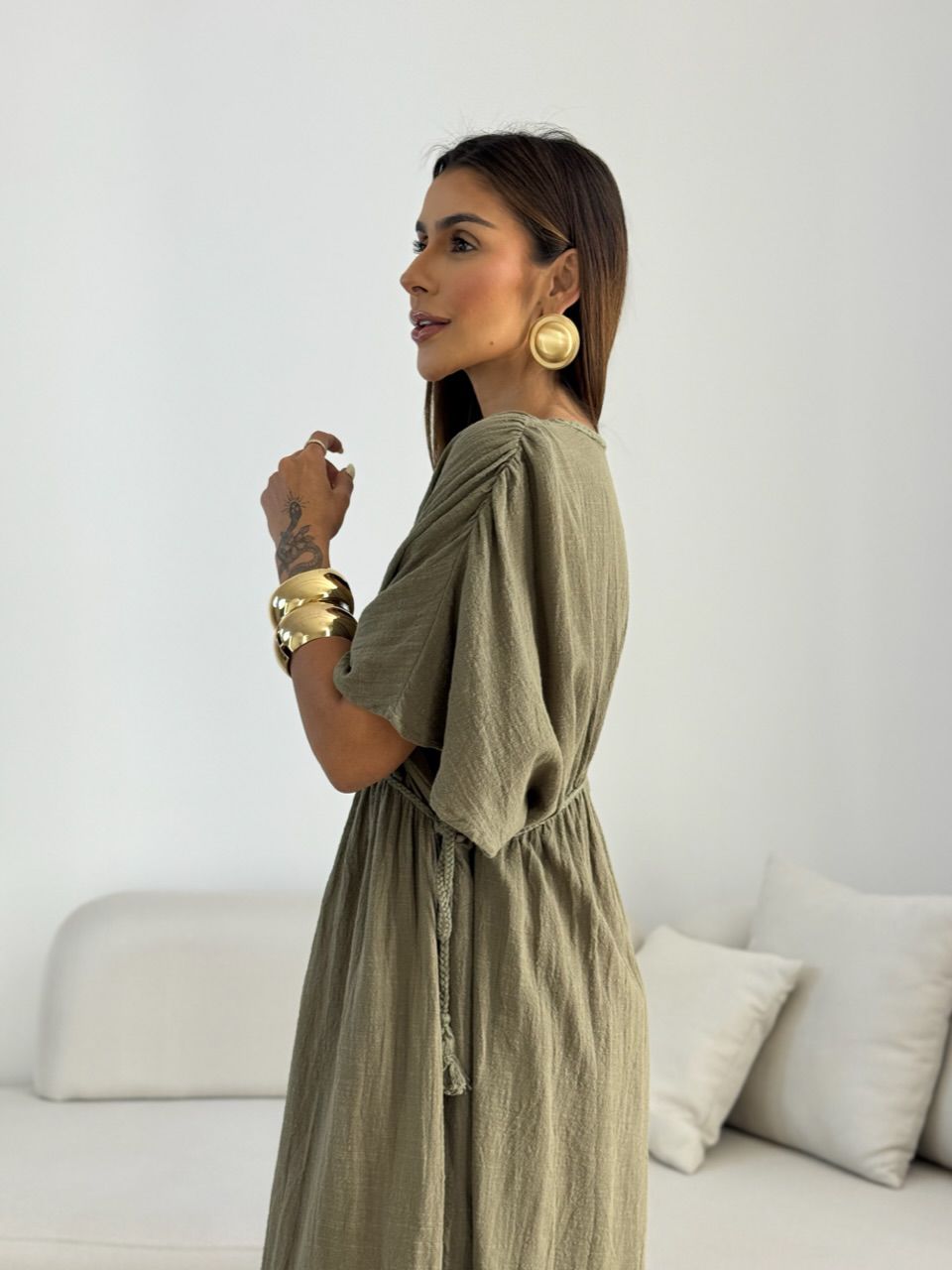 VESTIDO TINA LINHO VERDE OLIVA