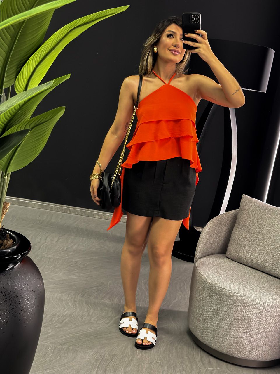 BLUSA ISA BABADO FRENTE ÚNICA LARANJA