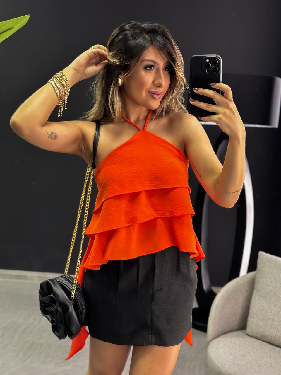 BLUSA ISA BABADO FRENTE ÚNICA LARANJA