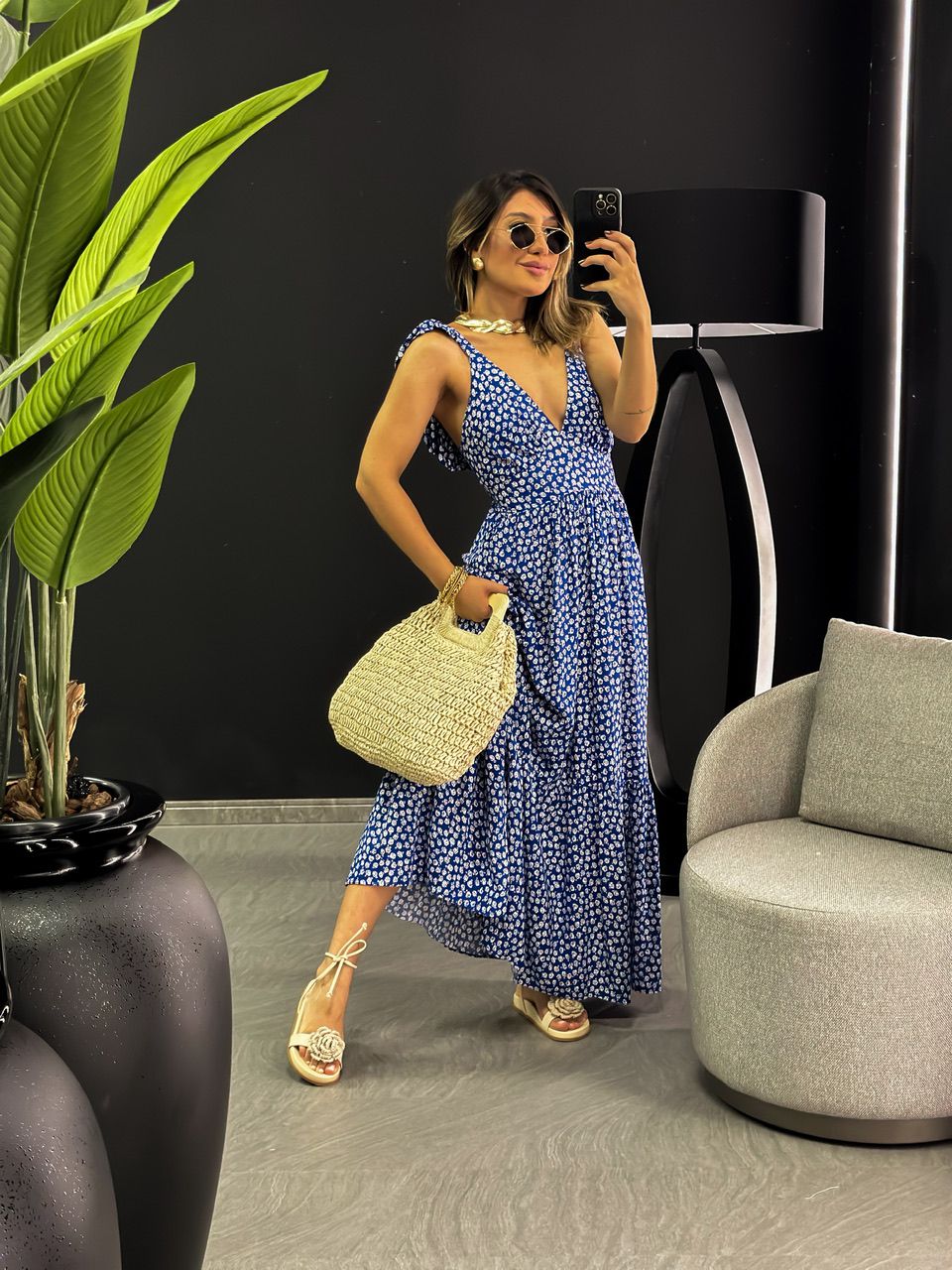 VESTIDO LEANDRA FLORAL AZUL/BRANCO