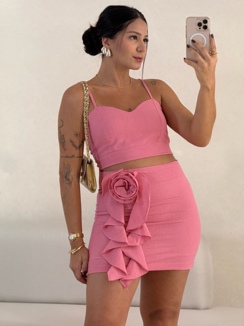 CONJUNTO ELOÁ SAIA FLOR ROSA