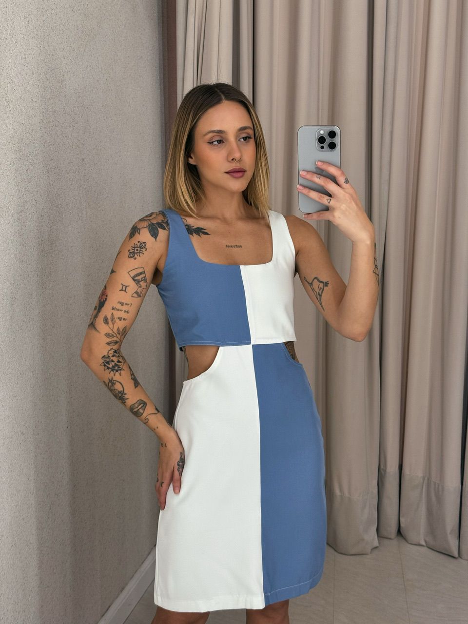 VESTIDO MAJU BICOLOR OFF/AZUL