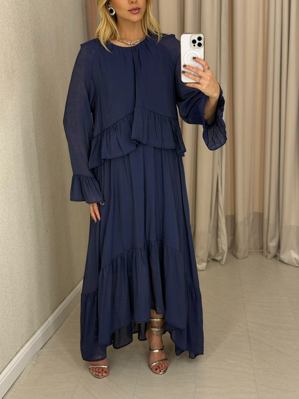 VESTIDO ANGELINE BABADOS MARINHO