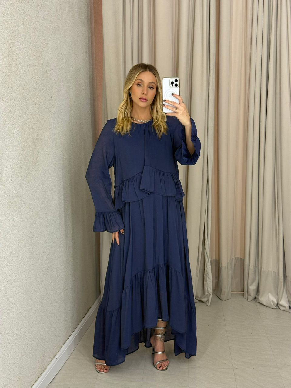 VESTIDO ANGELINE BABADOS MARINHO