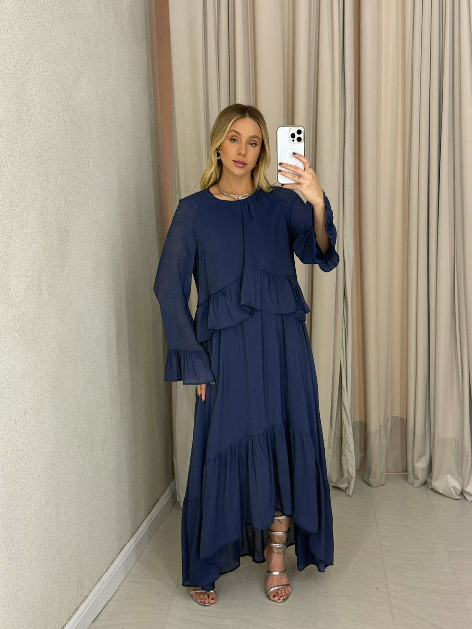 VESTIDO ANGELINE BABADOS MARINHO