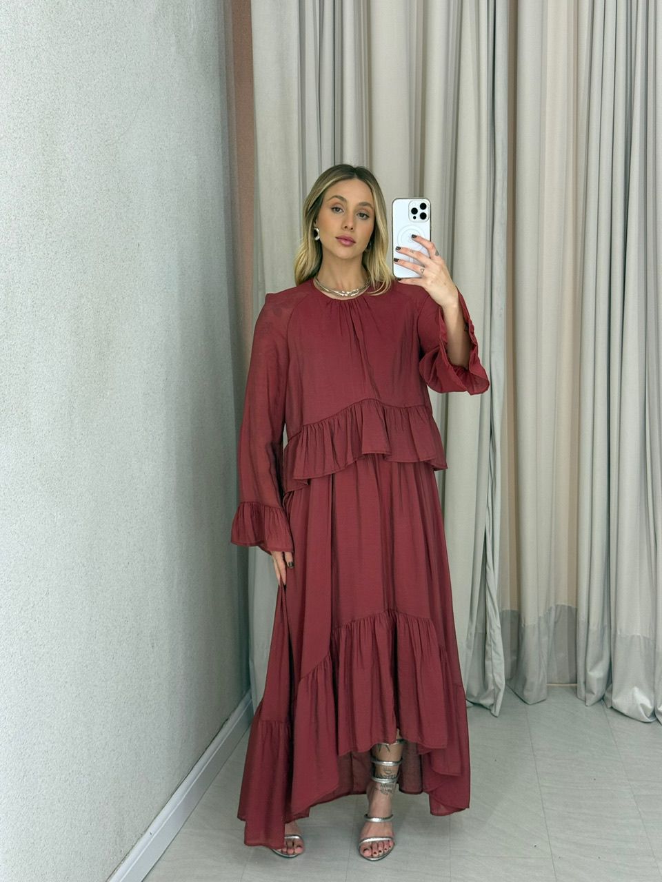 VESTIDO ANGELINE BABADOS TELHA