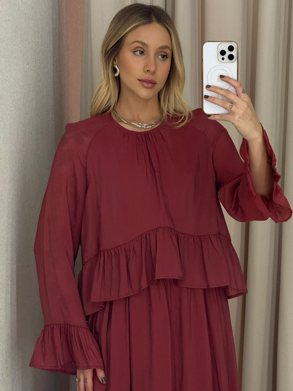 VESTIDO ANGELINE BABADOS TELHA