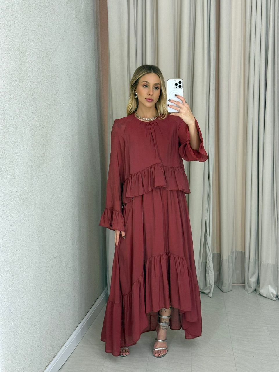 VESTIDO ANGELINE BABADOS TELHA