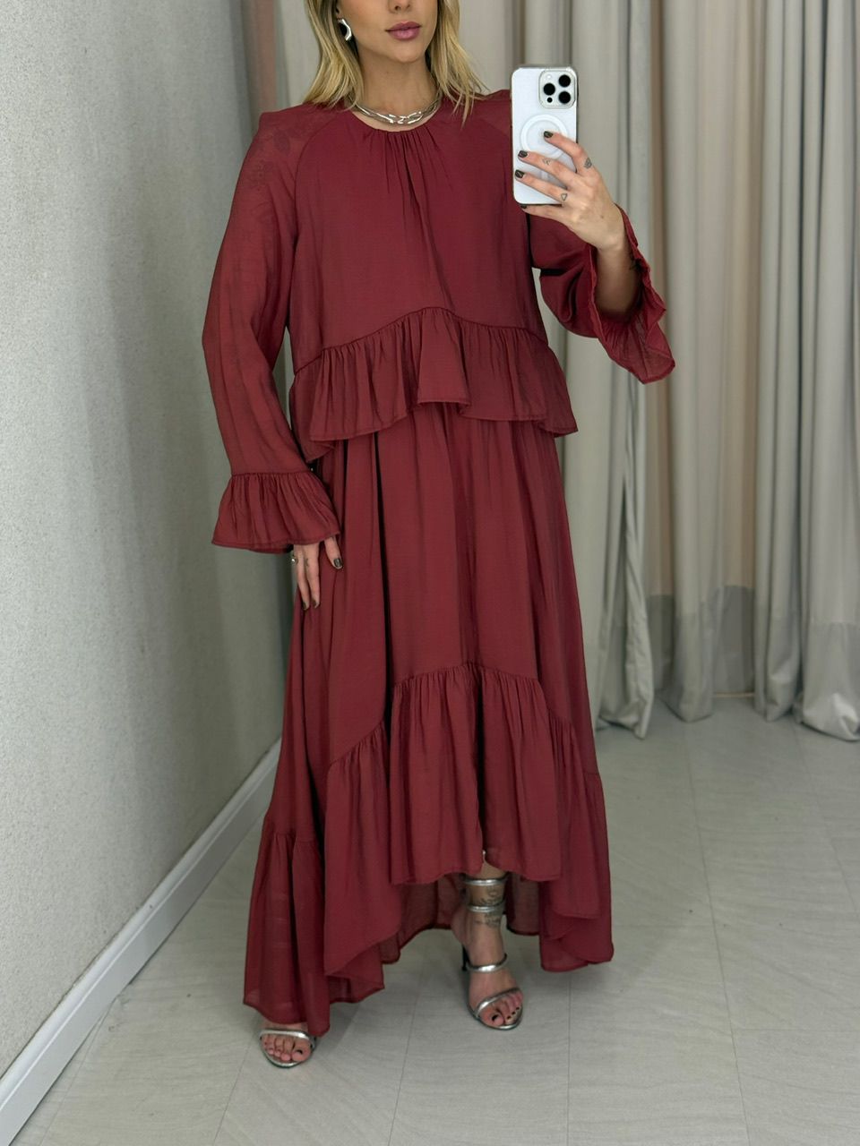 VESTIDO ANGELINE BABADOS TELHA